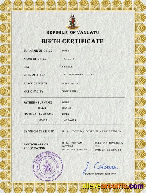 Vanuatu vital record birth certificate